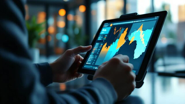 Hands holding tablet with heat map style financial charts in a dark setting with defocused city lights. Concept of high-frequency trading and market dynamics