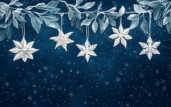 Festive, hanging, white snowflake ornaments on branches against a dark blue, starry background.