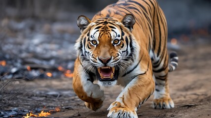 Fototapeta premium Tiger on the Prowl with Intense Gaze Ready to Pounce and Attack