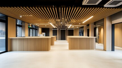 Modern, airy interior with wooden accents. Features reception desks, paneling, and linear lighting. Bright, inviting space with a clean design