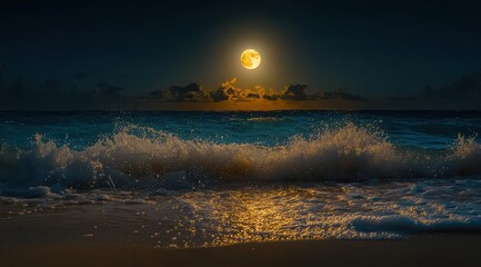 A large, orange-hued full moon illuminates a dark night sky above crashing ocean waves on a sandy beach