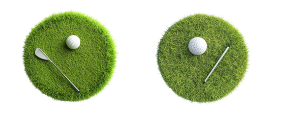 set of 3D render of a circular patch of grass with a golf ball and club on it 