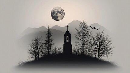 Silhouette of a church with bare trees, misty mountains, full moon