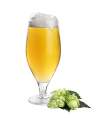 Fresh beer in glass and hop flowers on white background