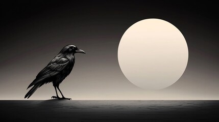 Silhouette of a crow at night under a luminous moon