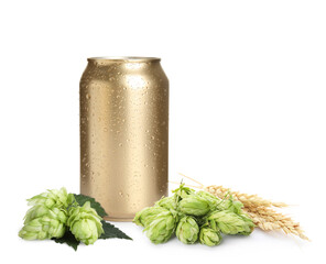 Fresh beer in can with hop flowers and ears of wheat on white background