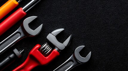 Fototapeta premium Wrenches and screwdrivers arranged on a textured black surface creating an industrial background