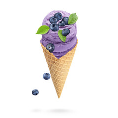Yummy blueberry ice cream cone and berries in air on white background