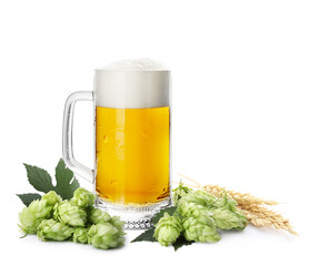 Fresh beer in glass mug with hop flowers and ears of wheat on white background