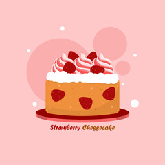 National Strawberry Shortcake Day to celebrate on June 14th. Cake with cream topping and strawberries on pink background. Food event banner.