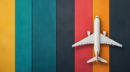 Aerial View of White Airplane on Colorful Striped Background Featuring Bold Vertical Lines