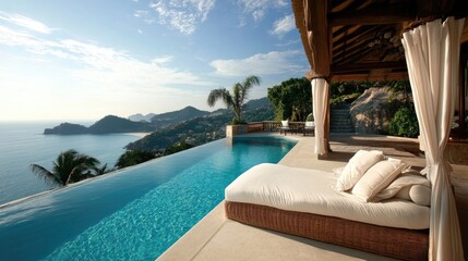 Resort pool with elegant daybed and ocean view