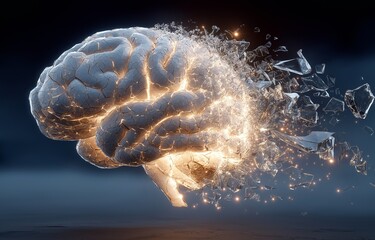 A human brain blowing up in space with broken glass and a light explosion