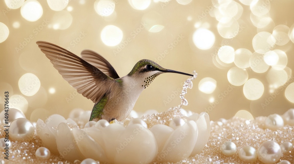 Poster delicate hummingbird nestled in pearls with bokeh light.