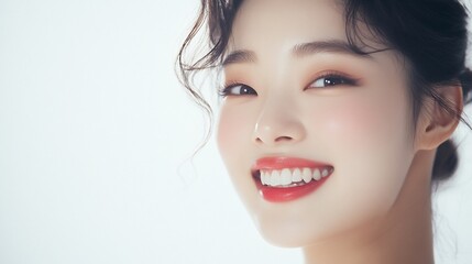 Radiant Smile, Close-Up Portrait of a Young Woman with Perfect Teeth and Flawless Skin in Studio