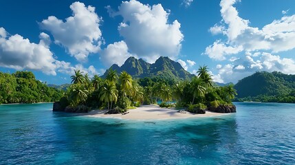 Obraz premium there is a small island in the middle of the ocean surrounded by palm trees