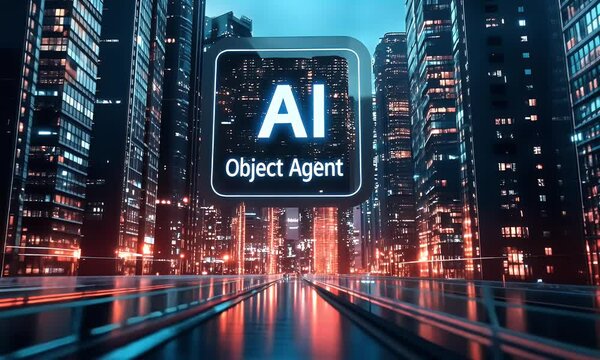  A digital logo featuring the text "AI" and an object agent in front of it, set against a futuristic cityscape background. The scene is illuminated by dynamic lighting that casts dramatic shadows on t