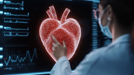 Medical Professional Analyzing 3D Heart Visualization on Digital Screen in Modern Healthcare Environment