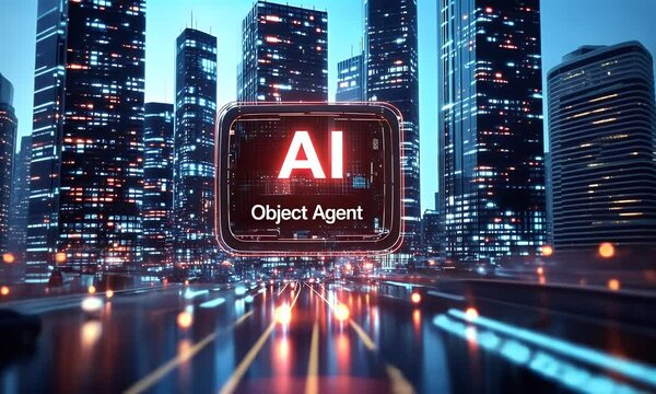  A digital logo featuring the text "AI" and an object agent in front of it, set against a futuristic cityscape background. The scene is illuminated by dynamic lighting that casts dramatic shadows on t