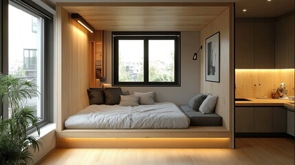 Cozy studio apartment featuring a built in bed nook with natural light and modern minimalist design
