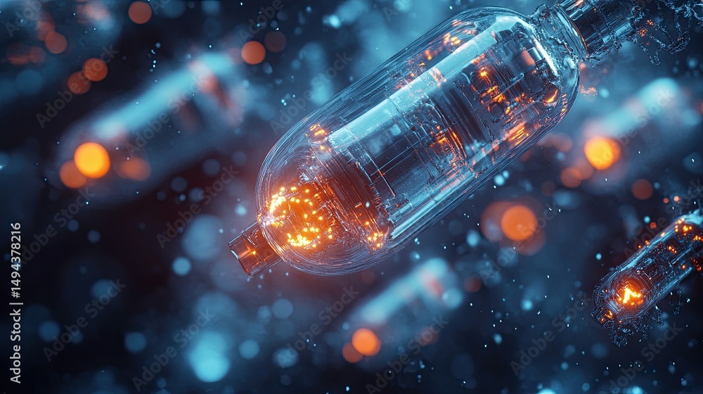 Poster close up of transparent capsules with glowing orange particles floating in a blue space scene