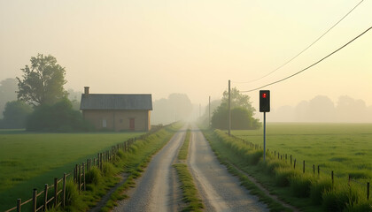 Walking Gravel Road Leading to Farmhouse in Morning Fog