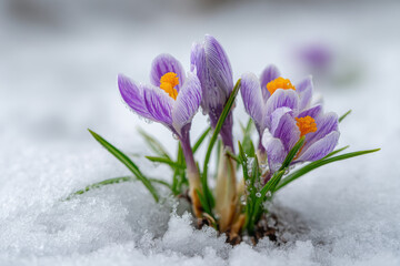 Spring crocus blooming through snow symbolizing seasonal renewal and resilience in nature