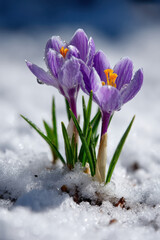 Spring crocus blooming through snow symbolizing seasonal renewal and resilience in nature