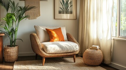A cozy living room corner featuring a wicker chair, plant, and natural light from the window