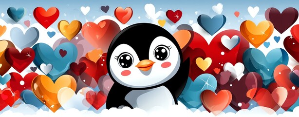 Cute penguin holding heart for valentine's day Adorable cartoon penguin surrounded by colorful hearts, perfect for expressing love and affection in various media.