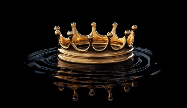 A golden crown floats serenely atop dark, still water, its reflection mirroring its regal form against a black background