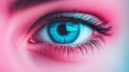 Close-Up of a Beautiful Eye with Stunning Blue Iris and Long Lashes Against a Vibrant Pink Background
