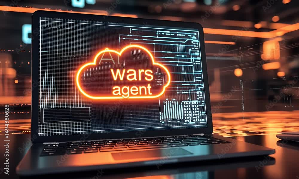 Poster a laptop with glowing orange text 