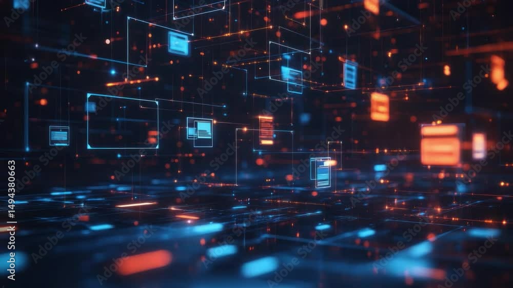 Poster digital matrix: abstract digital landscape of interconnected nodes and glowing data streams, creatin