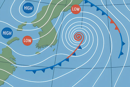 Typhoon Weather Map with Pressure Systems &ndash; Meteorological Forecast Illustration