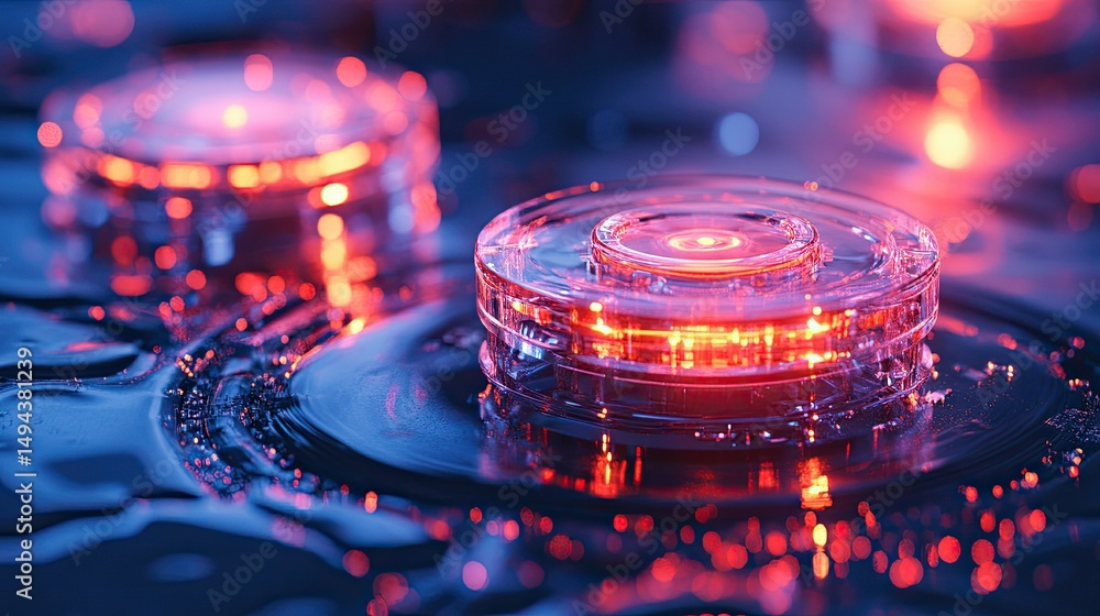 Poster close up of illuminated circular structures with red and blue lighting on a dark surface