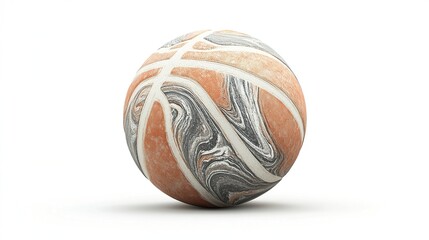 A marbled basketball, in shades of gray, orange, and cream, sits on a plain white background