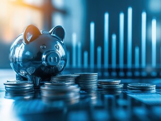 Coins flowing into a piggy bank while graphs rise in the background, focus on savings, realistic, overlay, financial planning desk backdrop