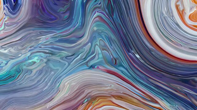 Abstract swirling mixture of colorful liquid paints blending in smooth motion, forming marbled texture and flowing lines. Concept of creativity and fluid art