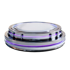 Futuristic metallic platform with purple neon lights display stand product showcase