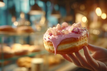 Hand Holding a Delicious Pink Frosted Donut Topped with Edible Flowers in a Cozy Bakery Setting