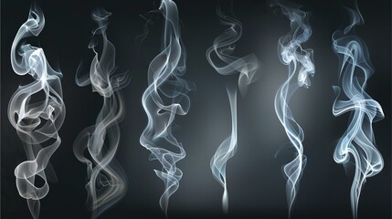 elegant swirls of smoke floating gracefully in the air, creating a sense of movement and ethereal beauty. The smoke trails exhibit a range of shapes and forms against a dark background