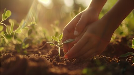 Fototapeta premium Hands gently planting a young seedling in rich soil, bathed in warm sunlight. The scene evokes a sense of nurturing and growth.