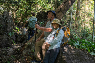 Older trekking adventure carries backpacks poles enjoying nature expression looks into the distance observing and possibly guide trekking and trail ecotourism adventure concept.