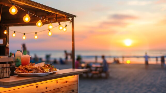 A charming beachside food stall illuminated by warm, inviting lights as the sun sets over the ocean. The stall is adorned with string lights, with tasty food and drinks arranged.