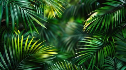 a close-up shot of vibrant green palm leaves creating a natural, lush, tropical background.