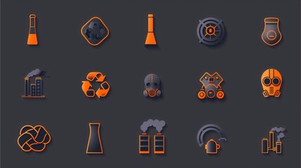 An industrial illustration set of pollution icons, depicting environmental hazards, recycling and industrial waste