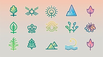 a collection of minimalist nature-themed icons in a gradient color palette, suitable for various design purposes. Each icon represents a natural element
