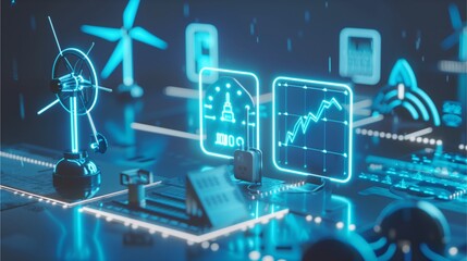 a futuristic digital representation of energy and technological concept, with wind turbines, computer charts, and circuits glowing with futuristic light.