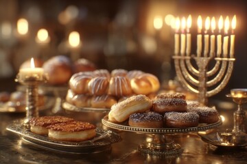 Obraz premium Festive Table with Delicious Pastries, Candles, and a Menorah for Celebration During Holiday Gatherings and Special Occasions